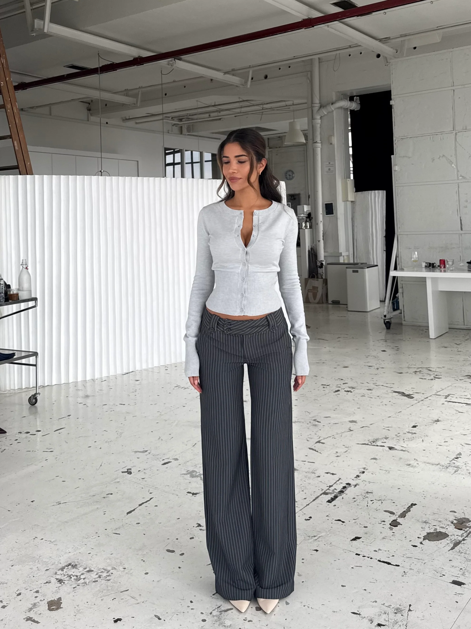 Button Low Waist Pants – Dark Grey Striped