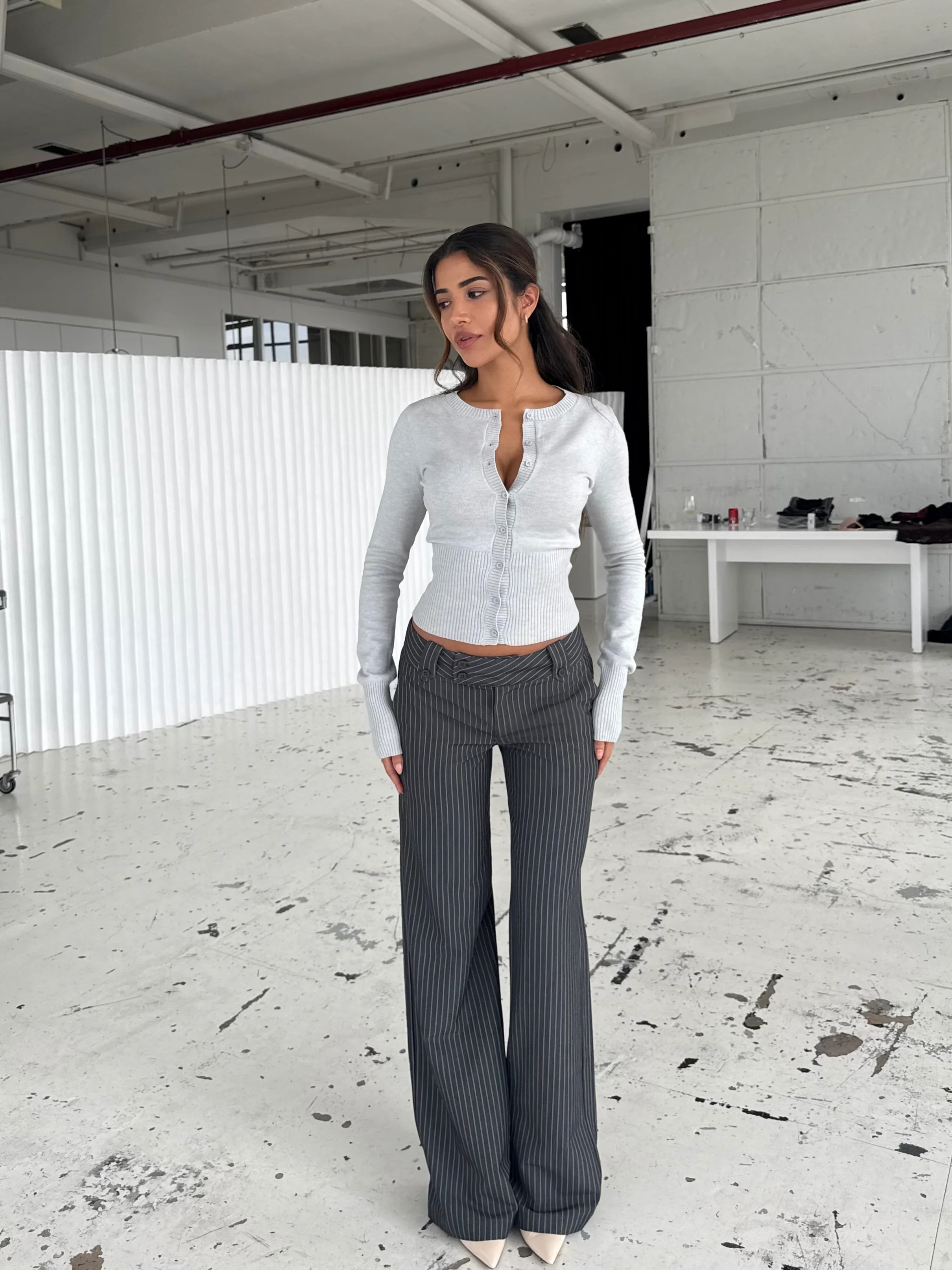 Button Low Waist Pants – Dark Grey Striped - Image 2